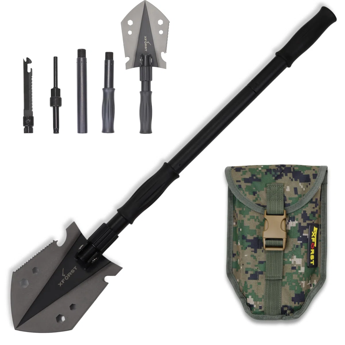 Xforst Pelle Pliante Multifonctionnelle pour Camping et Survie – Pelle en Acier au Carbone avec 3 Longueurs Réglables, Scie de Survie, Pierre à Feu, Sifflet et Housse – Accessoire Offroad