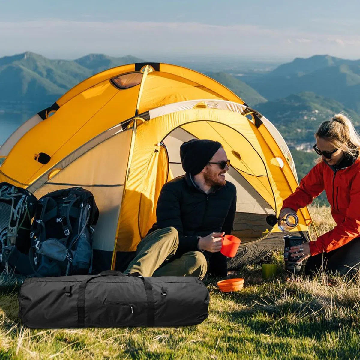 Sac de rangement imperméable pour tente de camping – Valise en toile Oxford résistante | Housse de transport pour matériel de camping en plein air | grande capacité et design pliable, Noir , L, Voir