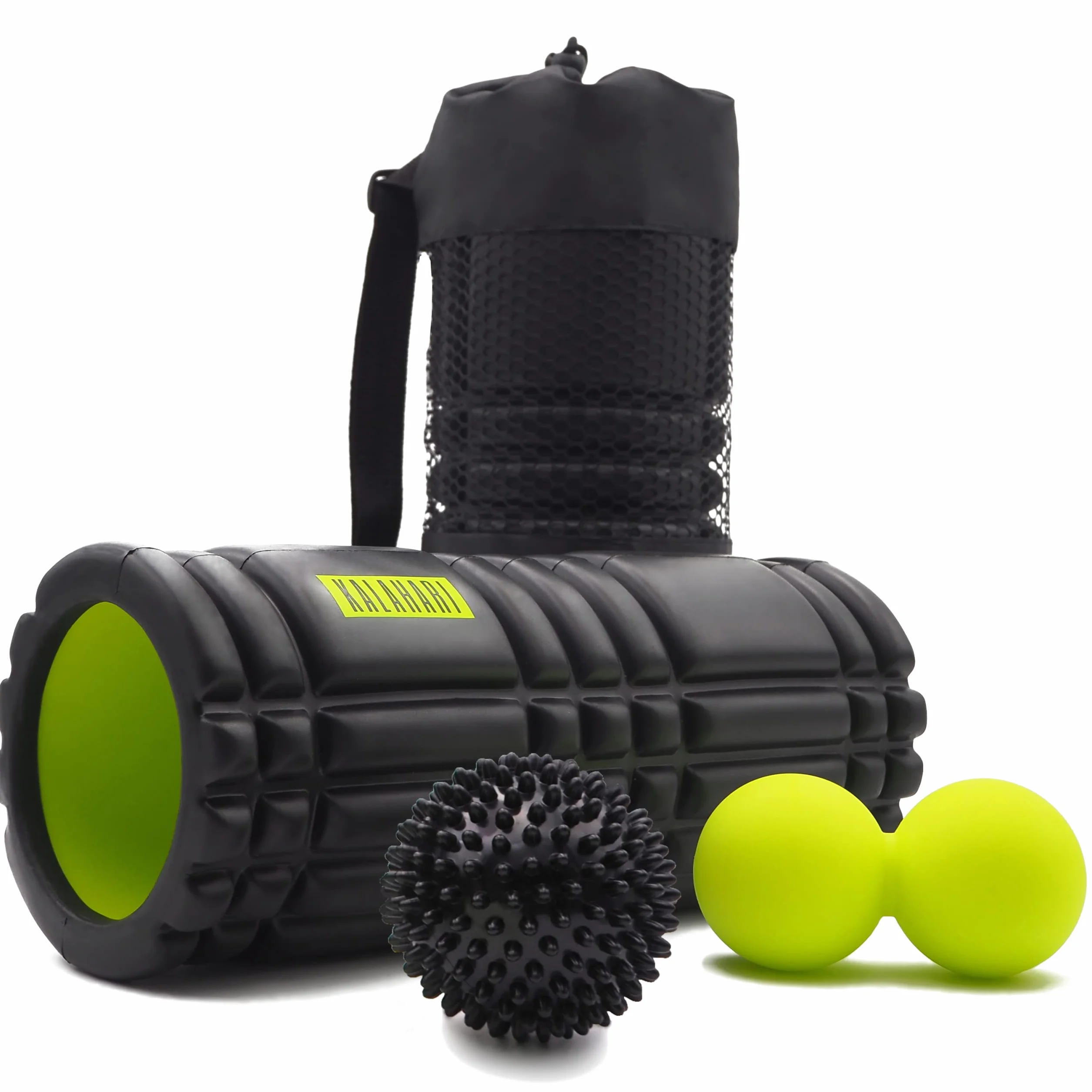 KALAHARI Foam Roller Kit, 3 en 1 plus Ebook d’exercices en Français - Rouleau de Massage Musculaire, balle Double, à Picots pour Automassage Pronfond des Tissus et Muscles, Rouleau jambe, dos, bras