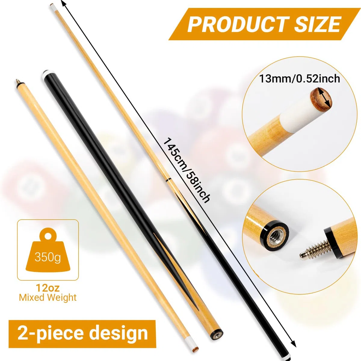 Bâtons de queue de billard professionnels en bois d'érable - 145 cm - Ergonomique - Fournitures de billard en bois d'érable professionnel - Fournitures de billard élégantes pour la pratique des matchs