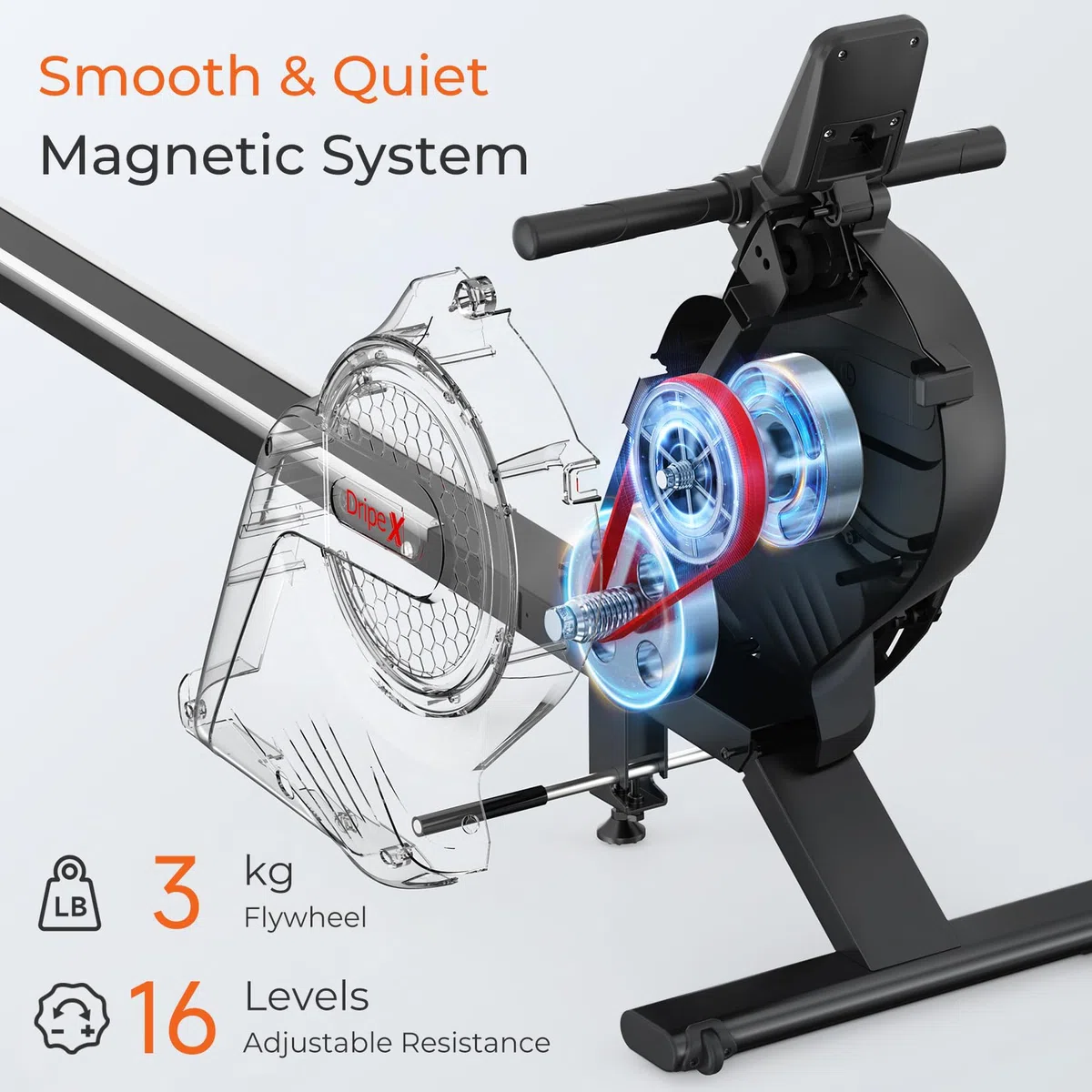 YOLEO Rameur Magnétique Rameur d'appartement, 16 Niveaux de résistance magnétique, écran LCD Multifonction, Double Glissières en Aluminium avec Support de Tablette