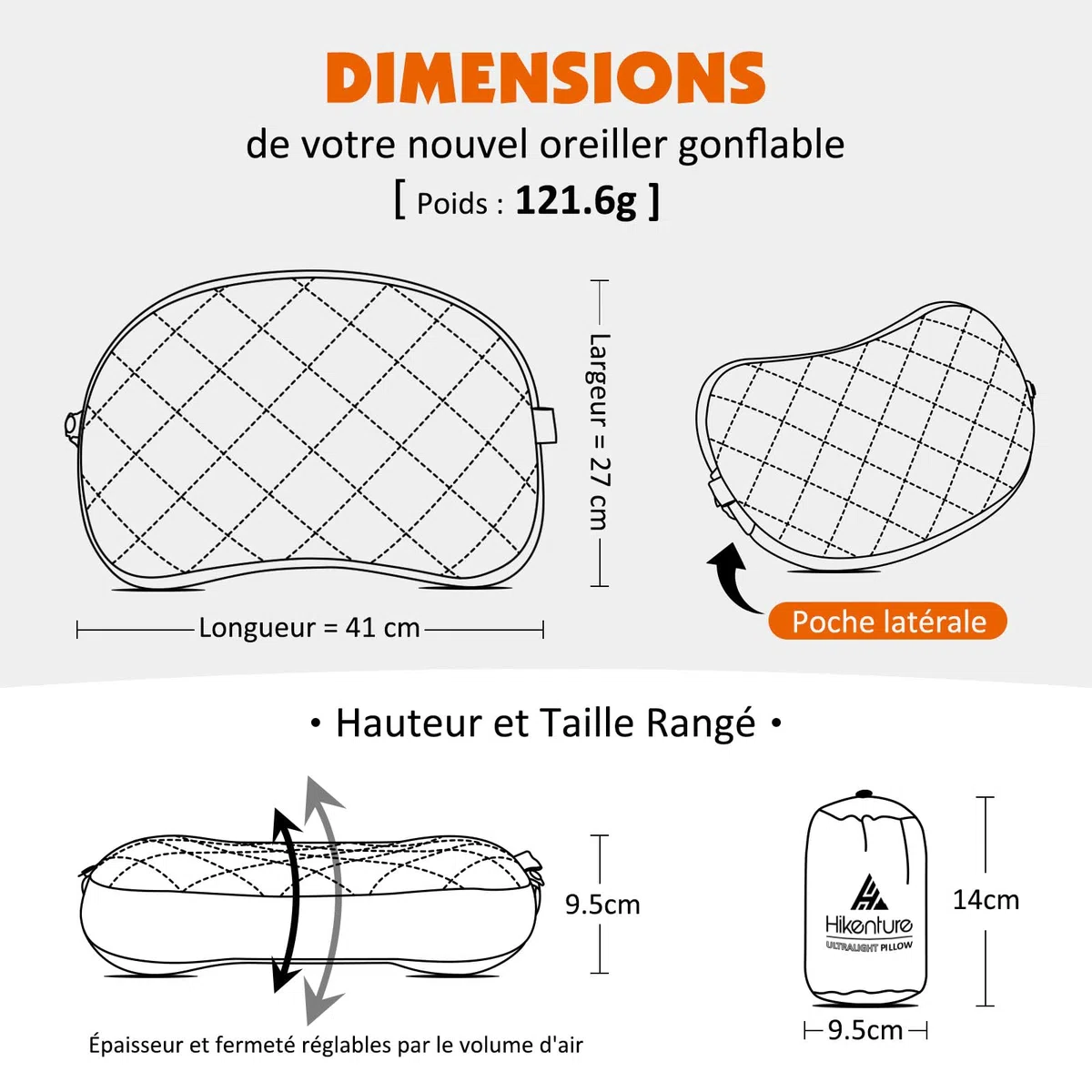 HIKENTURE Oreiller Gonflable Camping avec Taie Amovible – Coussin Gonflable Léger, Compact et Confortable - Coussin de Voyage Gonflable pour Camping, Trekking, Plage, Avion et Bivouac - Noir
