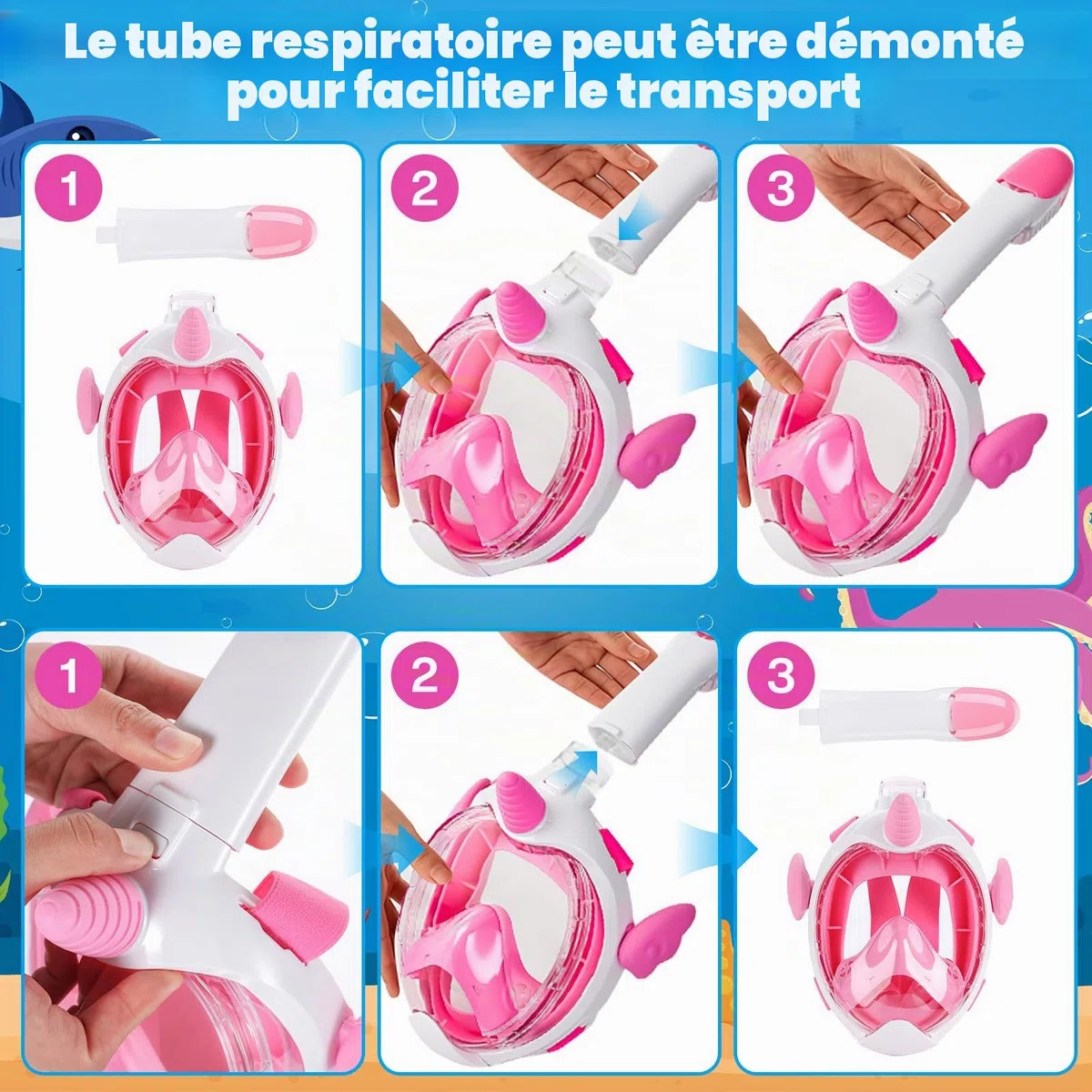 Masque de Plongée Enfant, Masque Piscine Enfant, 180° HD Masque Tuba Intégral, Anti-Buée et Anti-Fuite Masque Plongée 3~12 Ans, avec Bouchons d'oreille et Sac de Rangement (XS,Rose)