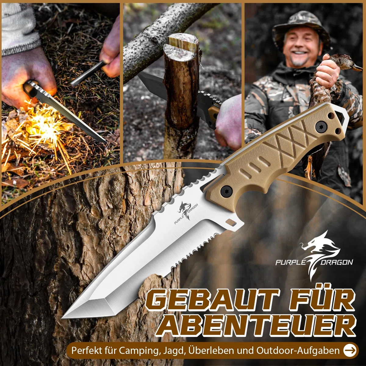 Purple Dragon Couteau de Plein Air (avec Gaine Kydex) - Lame Tanto Fixe Monobloc en Acier D2 - Couteau de Survie avec Manche G10 pour Camping, Cadeau pour Homme, Kaki