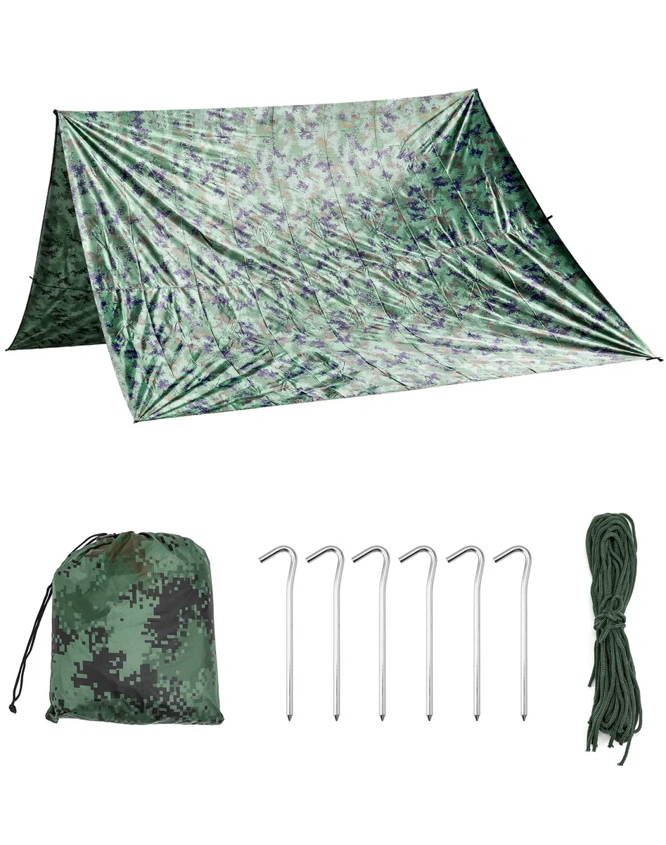 QWORK® Bache Camouflage Anti-Pluie, Tarp Toile de Tente Imperméable pour Camping/Randonnée/Pique-Nique/Activités Extérieures (3 x 3 m)