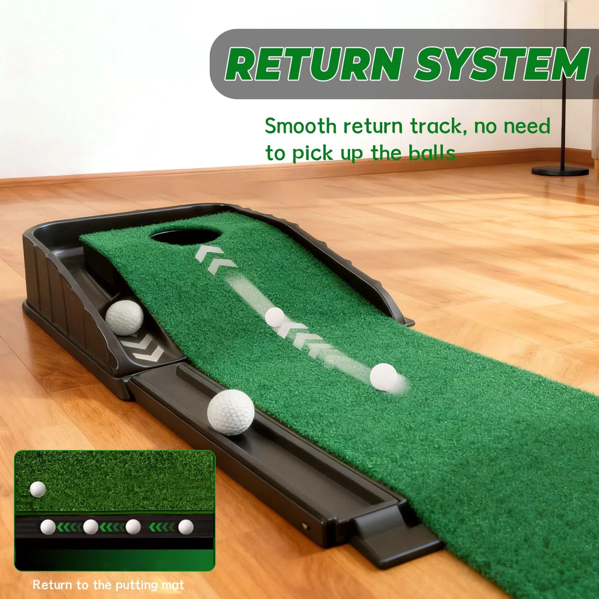 Tapis de golf avec retour automatique de balle, tapis d'entraînement vert de 220 cm avec surface en velours lisse – Aide à l'entraînement portable pour la maison et le bureau, tapis d'entraînement