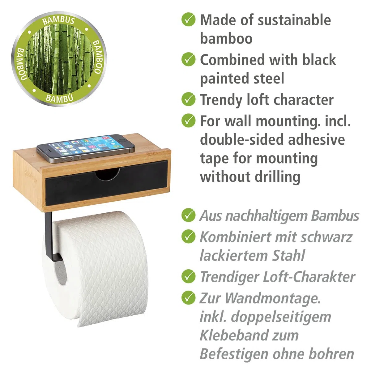 WENKO Porte Papier Toilette en Bois avec Support Smartphone Bambusa | Dérouleur Papier avec tiroir de Rangement | Installation sans perçage | Design Loft | Bambou| 18,5 x 14 x 10,5 cm | Noir et Bois