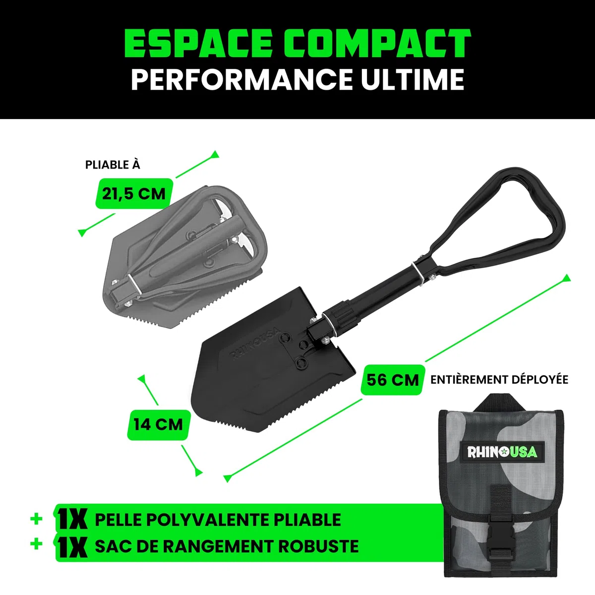 Rhino USA Pelle Pliante avec Pointe Outil pour Creuser en Acier Carbone de Style Militaire pour Le Tout Terrain Pelle Jardinage Accessoire Camping Accessoire Détecteur Métaux