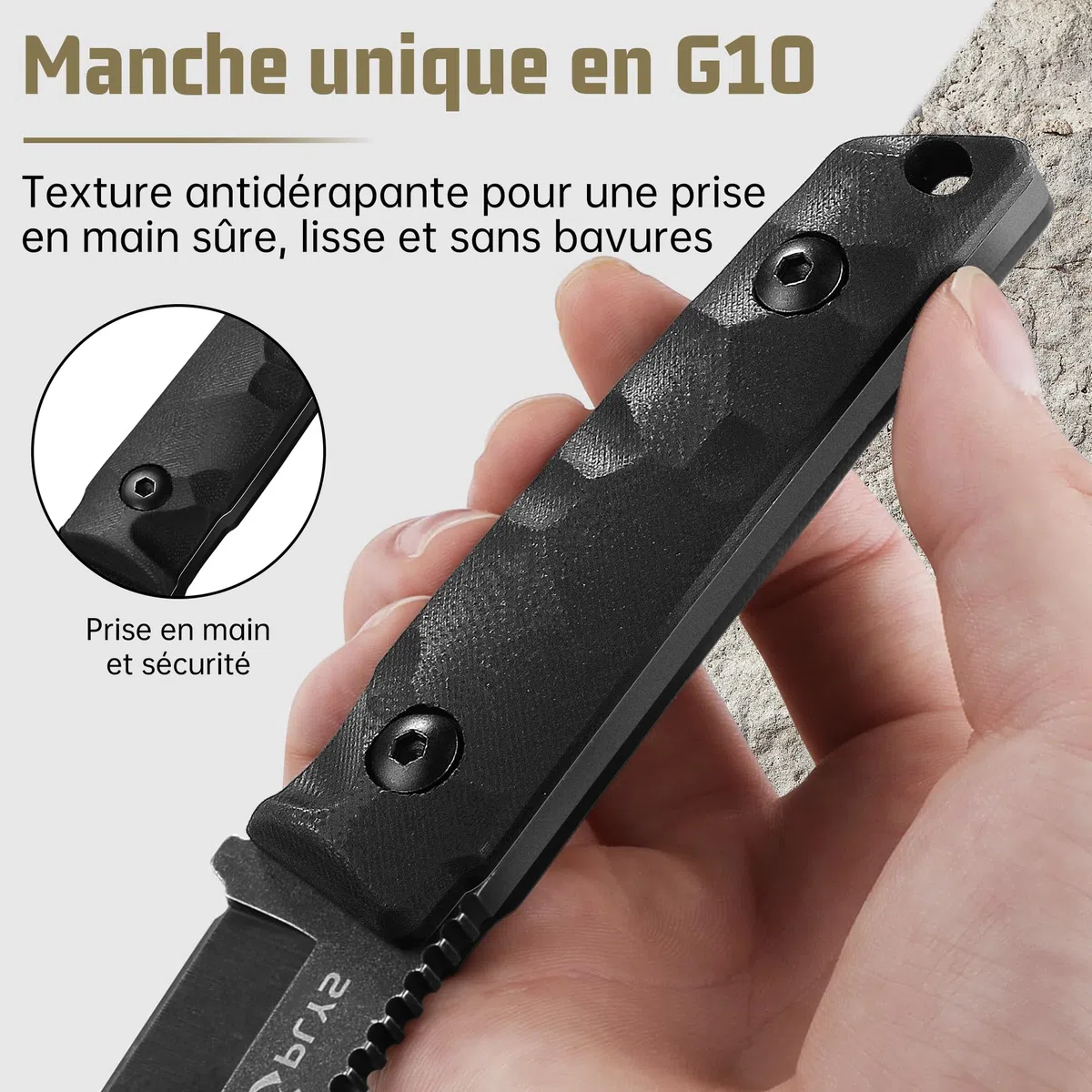 Plys Couteau de Survie D'ExtéRieur Full Tang, Lame 440c de 10,3 Cm, Manche en G10 Avec éTui Kydex, Adapté au Camping, à La RandonnéE, Cadeau Pour Homme
