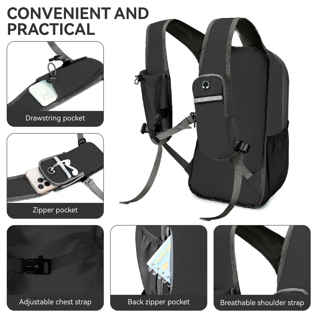Petit Sac à Dos de Randonnée 15L pour Hommes Femmes, Léger Sac à Dos Pliable pour les Voyages en Ville, Noir