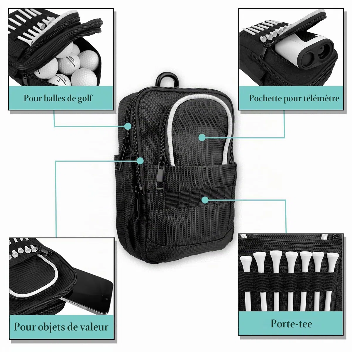 Sac tactique de golf résistant à l'eau pour ceinture, chariot ou sac à dos, compact pour accessoires de balles, tees, gants et équipement EDC Noir