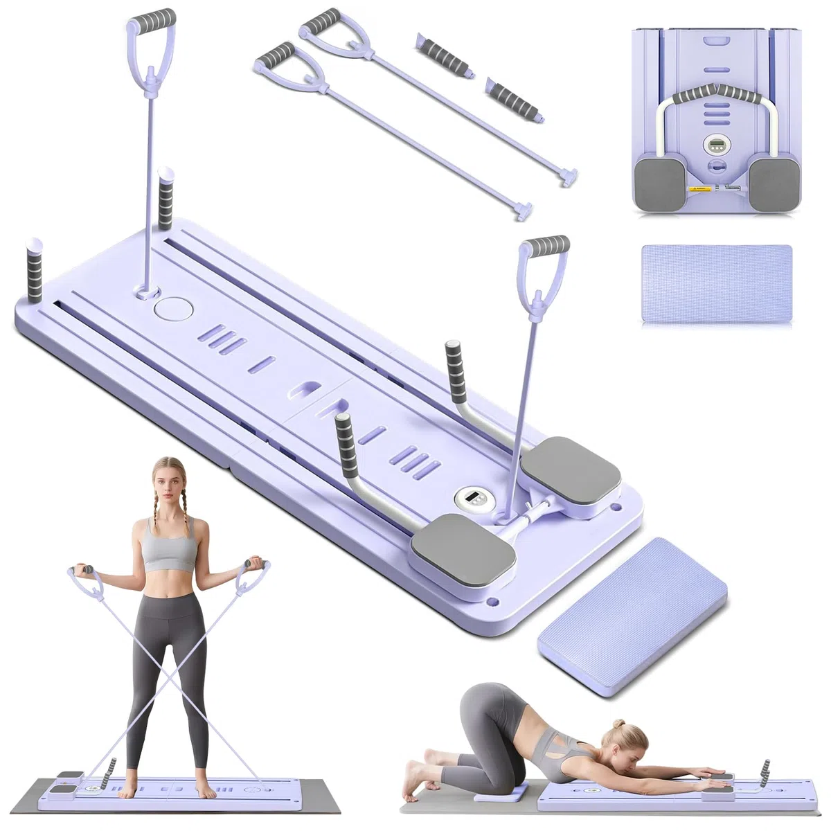 Reformer Pilates Portable - Entraîneur Abdos/Core avec Rouleau Auto-Rebond, Bandes de Résistance & Planche Réglable - Fitness Domicile