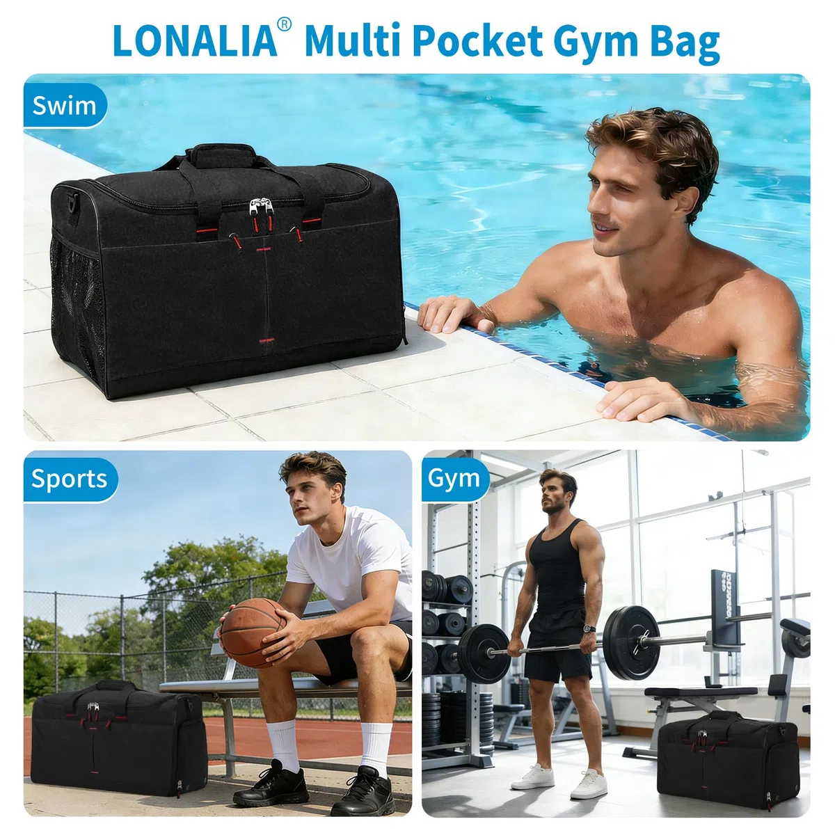 55L Grand Sac de Sport Homme - Sacs de Voyage avec Compartiments Chaussures et Humide, pour Weekend, Fitness, Gym - Noir