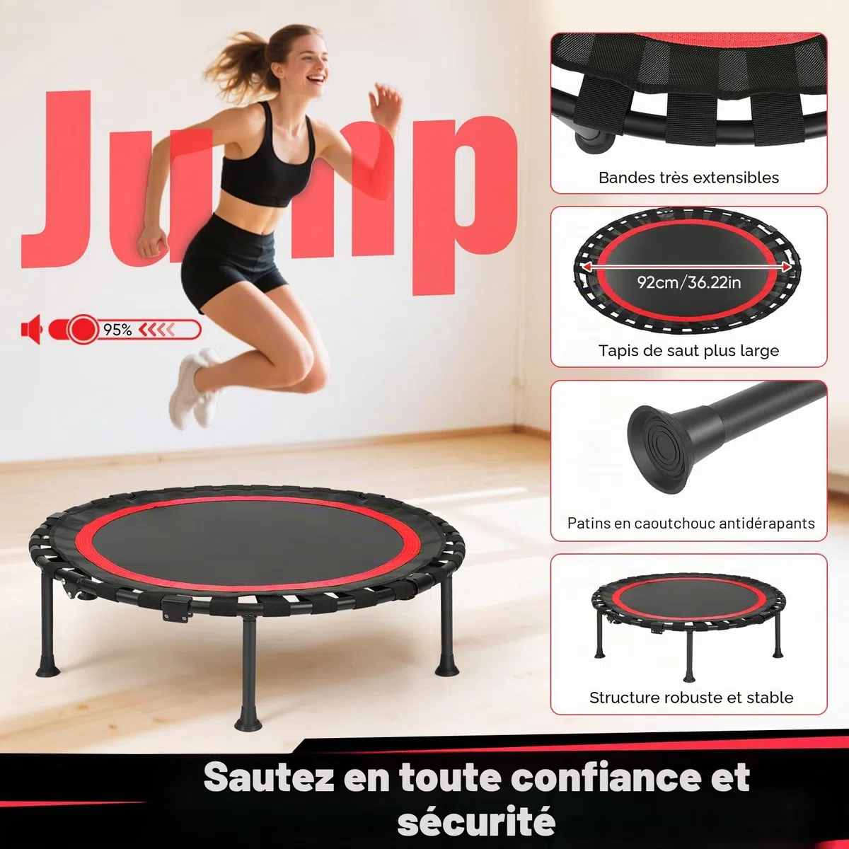 Trampoline d'intérieur fitness pliable sans installation Ø 101 cm Mini trampoline Charge maximale 150 kg Stable et silencieux pour adultes