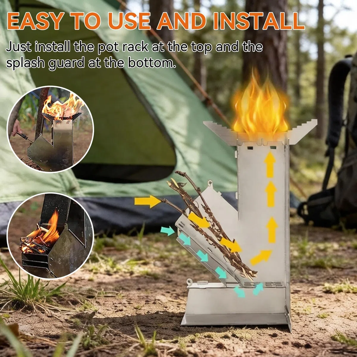 Camping Rocket Stove, poêles de camping portables Griller de brûlure en bois en acier inoxydable avec sac de rangement pour la randonnée de cuisson en plein air