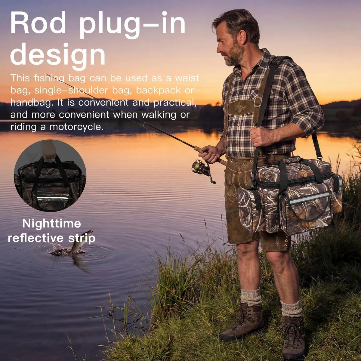 Sac de Peche Grande Capacite Stockage de Matériel de Pêche Sac de Rangement Tactique Multifonctionnel Sac à Bandoulière Fourre-Tout en Plein pour Pêche en Mer (Camouflage)
