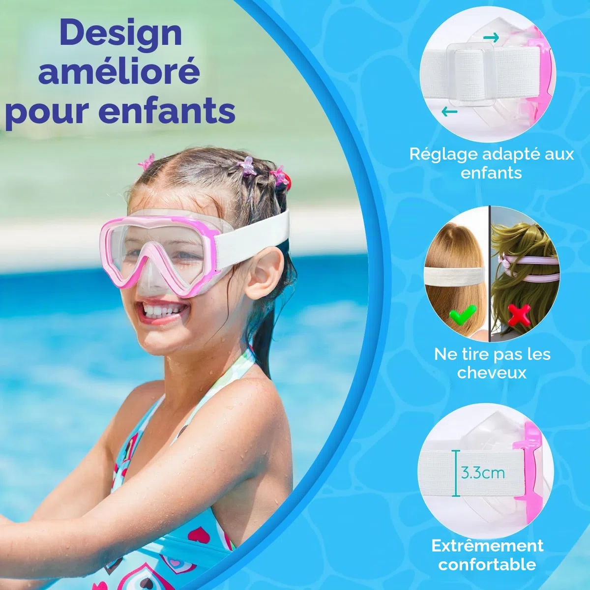 Lunette de Piscine Enfant avec Sangle en Tissu Doux, MOMUSE Masque de Plongée Enfant avec Couvercle de Nez 3D, Lunettes de Natation pour Garçons et Filles de 4 à 14 Ans