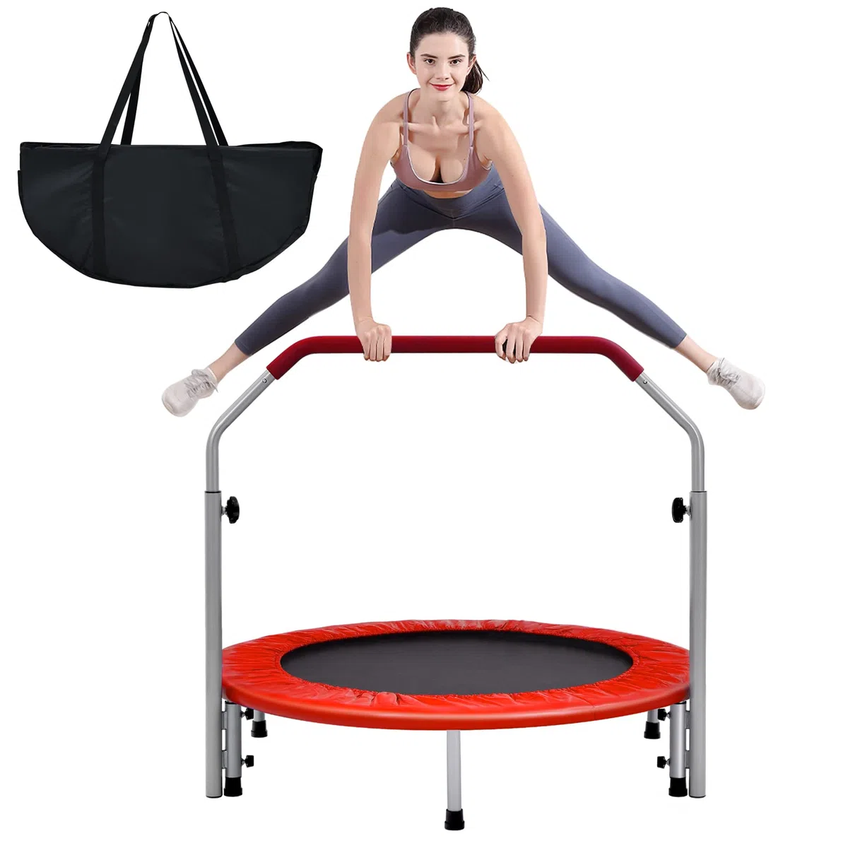 GYMAX Trampoline de Fitness Pliable avec Poignée Réglable à 4 Niveaux, Ressorts en Acier Renforcés, Couverture Rembourrée, Sac de Transport, Trampoline de Loisirs pour Adultes/Enfants (Rouge)
