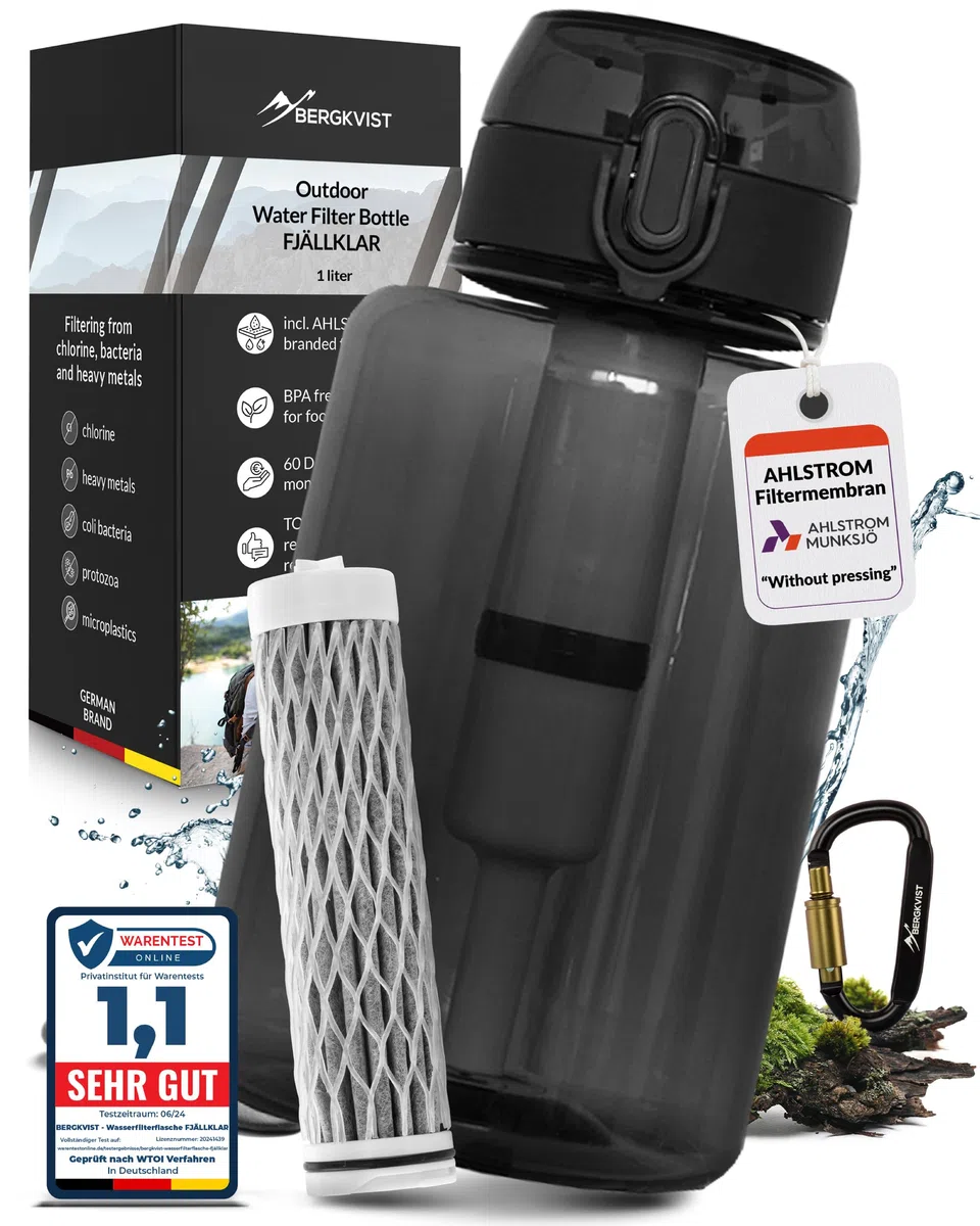BERGKVIST® Outdoor Bouteille filtrante FJÄLLKLAR [1l], noir | Gourde d'un litre avec filtre d'AHLSTROM® pour de l'eau potable propre en camping, randonnée et aventures de survie