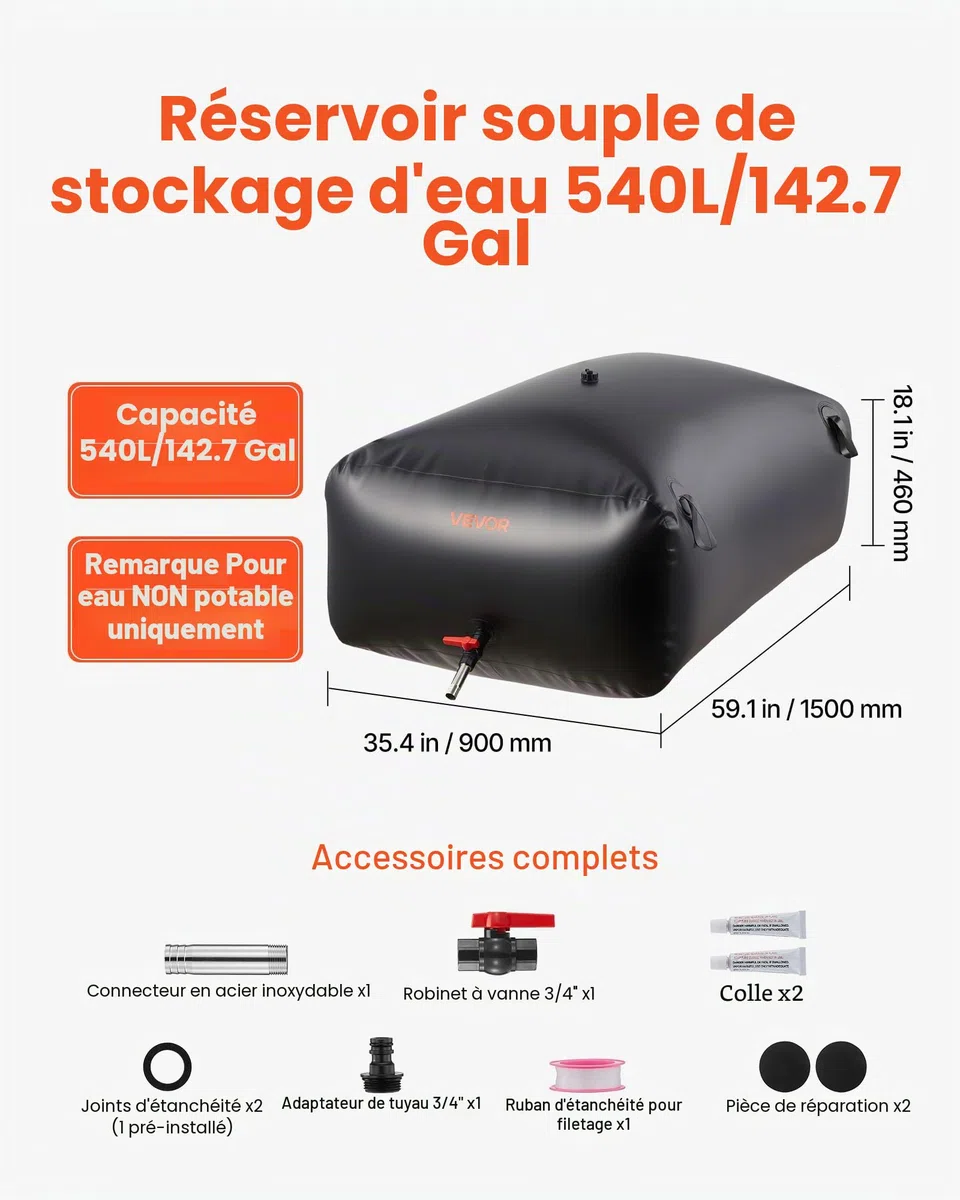 VEVOR Réservoir d'Eau Souple 540 L, Vessie de Stockage Eau Pliable, Sac Conteneur d'Eau PVC Grande Capacité, pour Irrigation Jardin, Camping, Camping-car, Utilisation Extérieur, Stockage Urgence, Noir