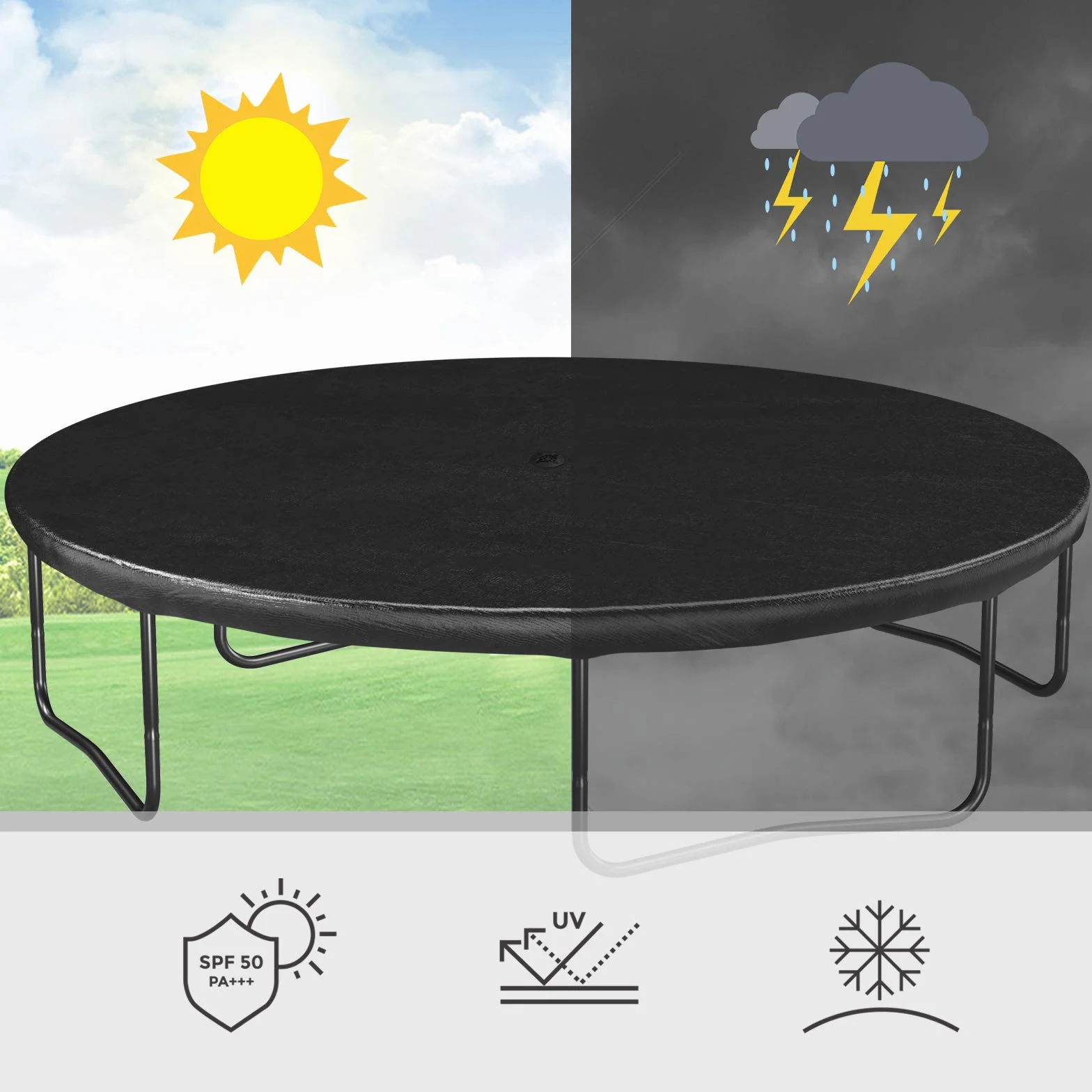 SONGMICS Housse de Trampoline,Ø 244 305 366 cm, Bâche de Protection, avec Trou d’évacuation d’Eau, Protection Contre la Pluie, Le Soleil, la Neige, Sangles élastiques, Crochets