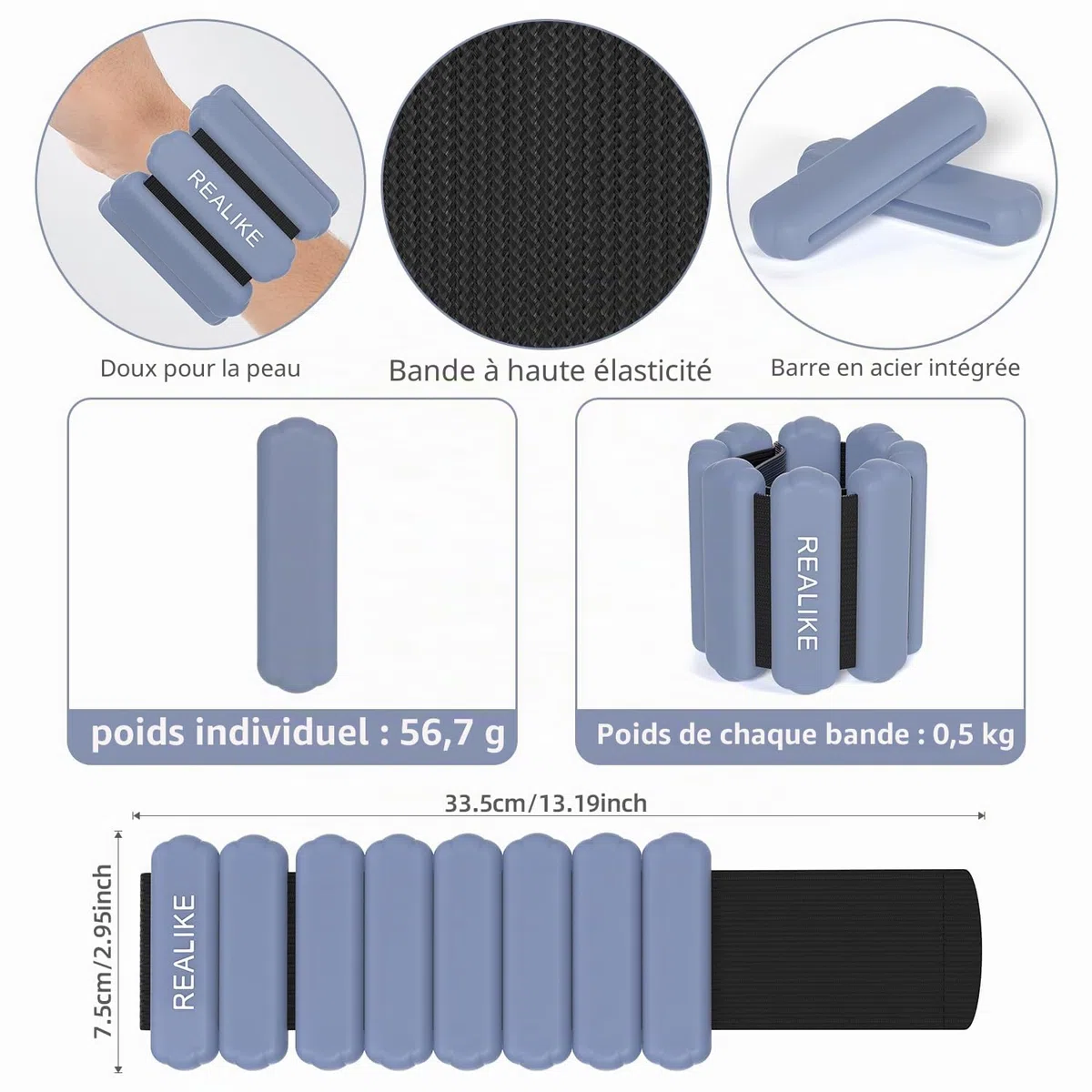 REALIKE Poids de cheville pour les femmes Poignet jambe Bracelet pondéré réglable pour Pilates Yoga marche aérobic 2 pièces en Set 1lb (453.5g) par pièce
