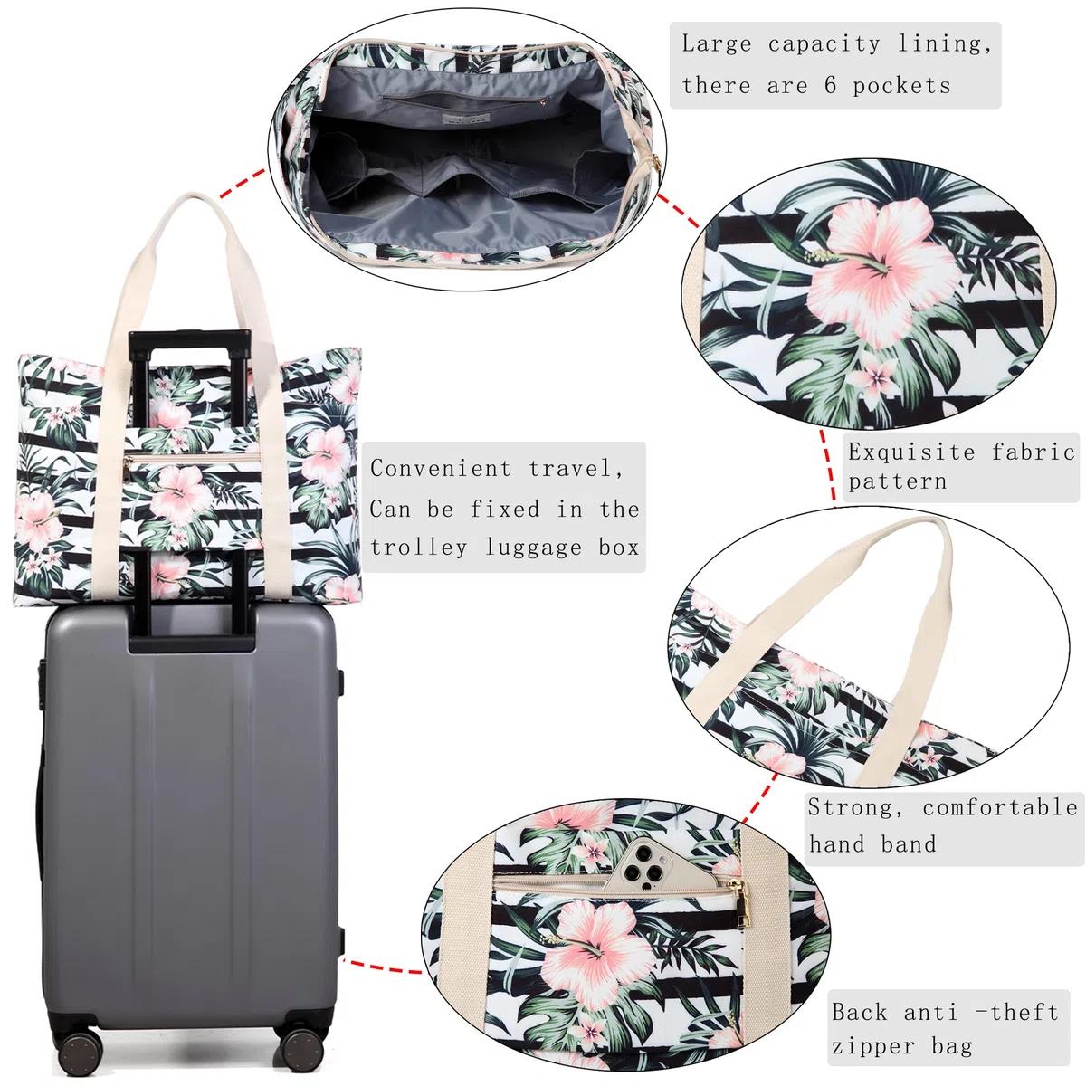 Grand Sac de Plage Zippé Makukke, Shopper à Bandoulière pour Femmes en Toile, pour Excursions d'une Journée ou Festivals, 55 x 36 x 20 cm