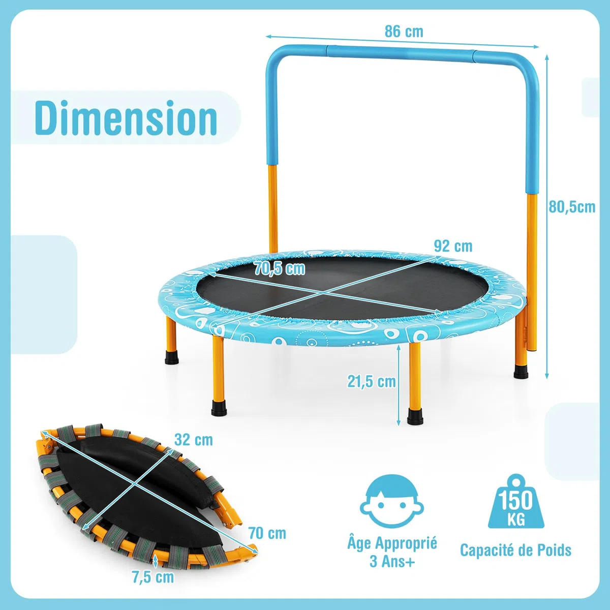 COSTWAY Mini Trampoline Enfants Pliable 92 cm avec Housse de Sécurité Matelassée et Poignée Recouverte pour Intérieur Charge maximale 150 KG
