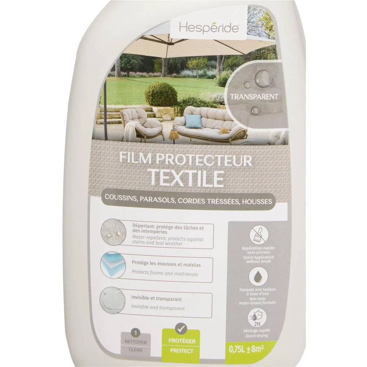 Hespéride - Spray Imperméabilisant Textile 75 cl, Protecteur Anti-Taches, Déperlant - pour Tissus Extérieurs, Mobilier de Jardin, Coussins