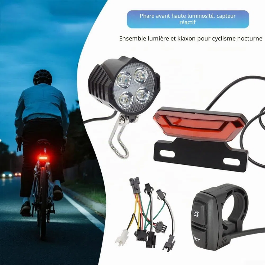 Kit d'éclairage pour vélo électrique 24V-48V, kit d'éclairage de vélo électrique avec phare LED, feu arrière et interrupteur de contrôle utilisateur pour une sécurité de conduite améliorée