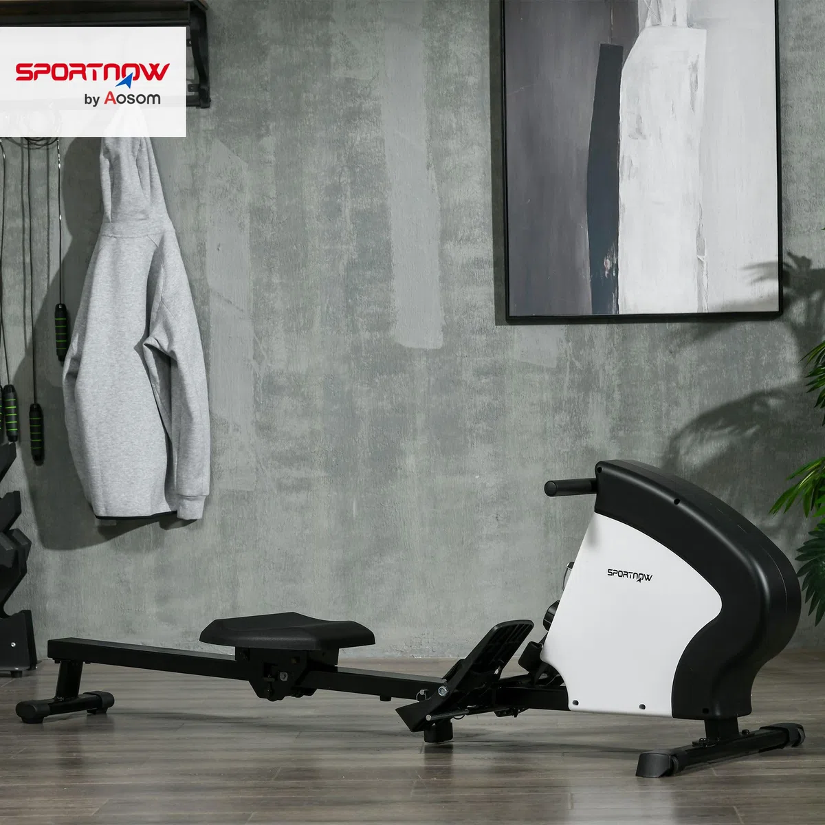 SPORTNOW Rameur d'appartement Pliable, Aosom.FR x FFHandball, avec freinage magnétique Silencieux, 8 Niveaux de résistance, écran Multifonction LCD, en Acier Noir Blanc