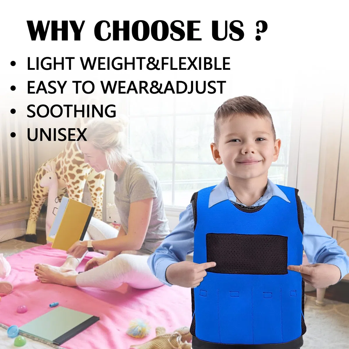 Gilet Lesté pour Enfants, Gilet de Compression Gilet Lesté de Sécurité pour Enfants Souffrant de Surcharge Sensorielle ABR Autisme TDAH SPD SI Veste Lestée 1,3kg Poids Amovible, Bleu