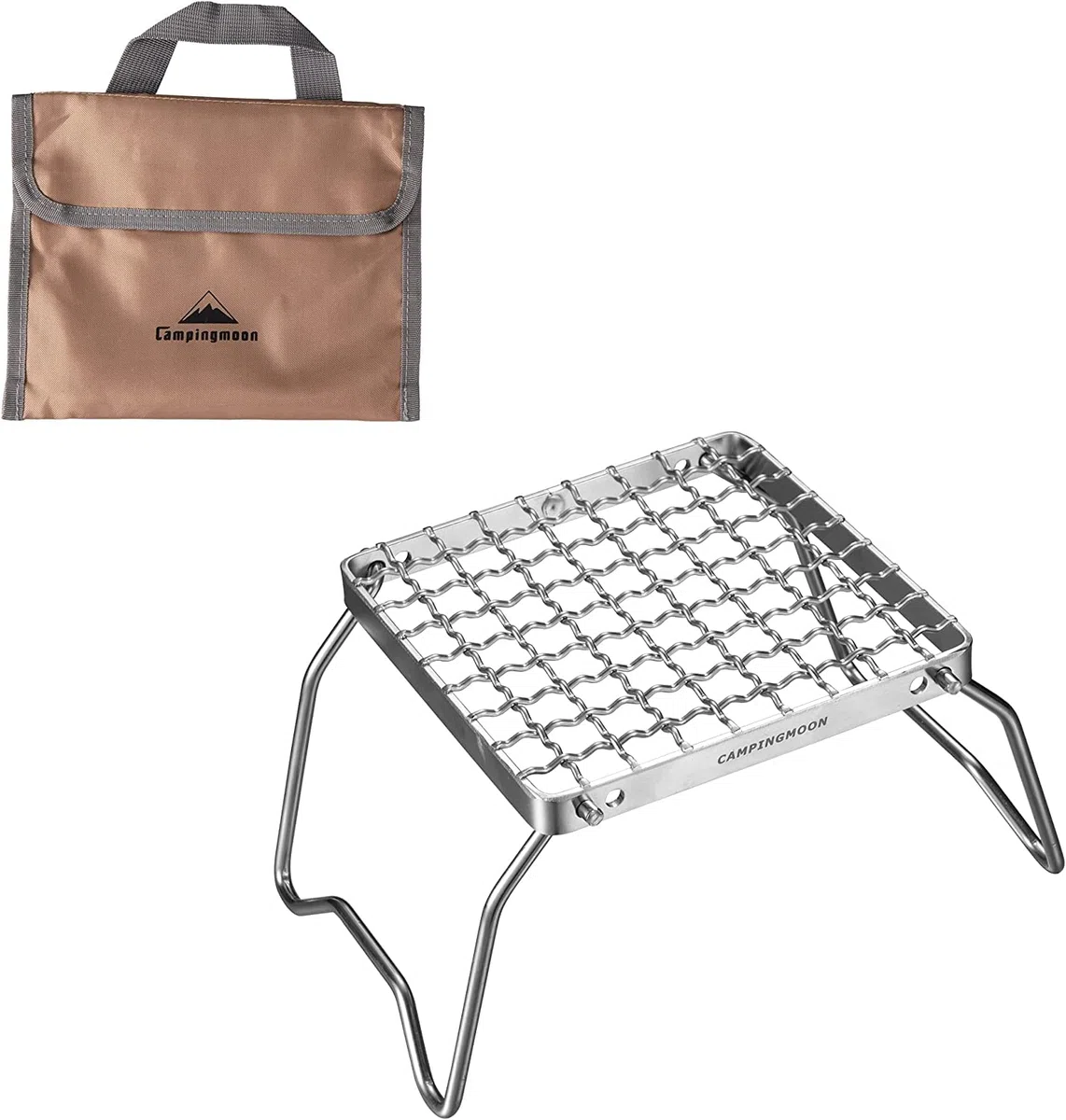 Campingmoon Grille portable pour feu de camp en acier inoxydable 304 pliable avec pieds et sac de transport