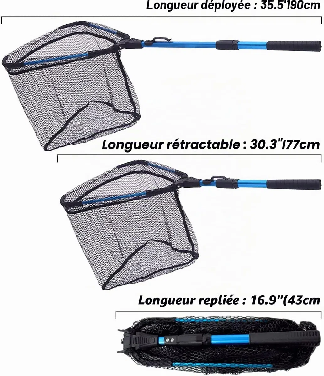 Senston Epuisette de Pêche Pliable et Filet Recouvert de Caoutchouc, Épuisette Télescopique, Filet de Pêche Pliable en Nylon