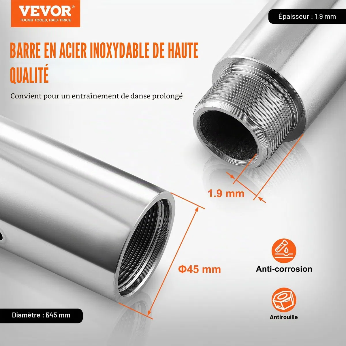 VEVOR Barre de Pole Dance Professionnelle, Pôle de Danse Statique et Rotatif, Kit de Danse à la Barre Verticale Amovible et Portable, Poteau en INOX Robuste 45 mm, Hauteur Réglable, pour Bar Domicile