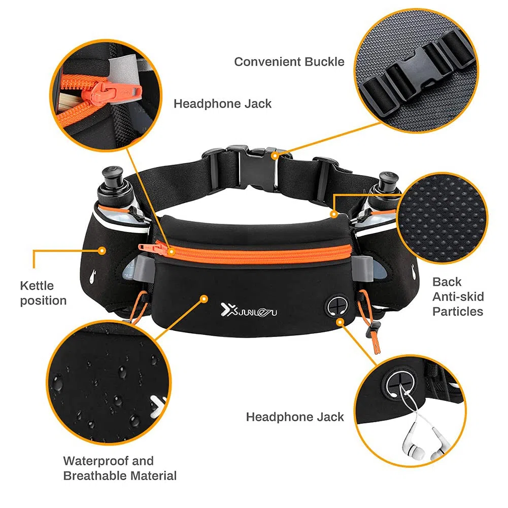 Number-one Ceinture de course avec gourdes (2 x 175 ml), ceinture d'hydratation étanche, sac banane pour iPhone, pochette de sport ajustable pour les marathons, la course, la randonnée ou le vélo
