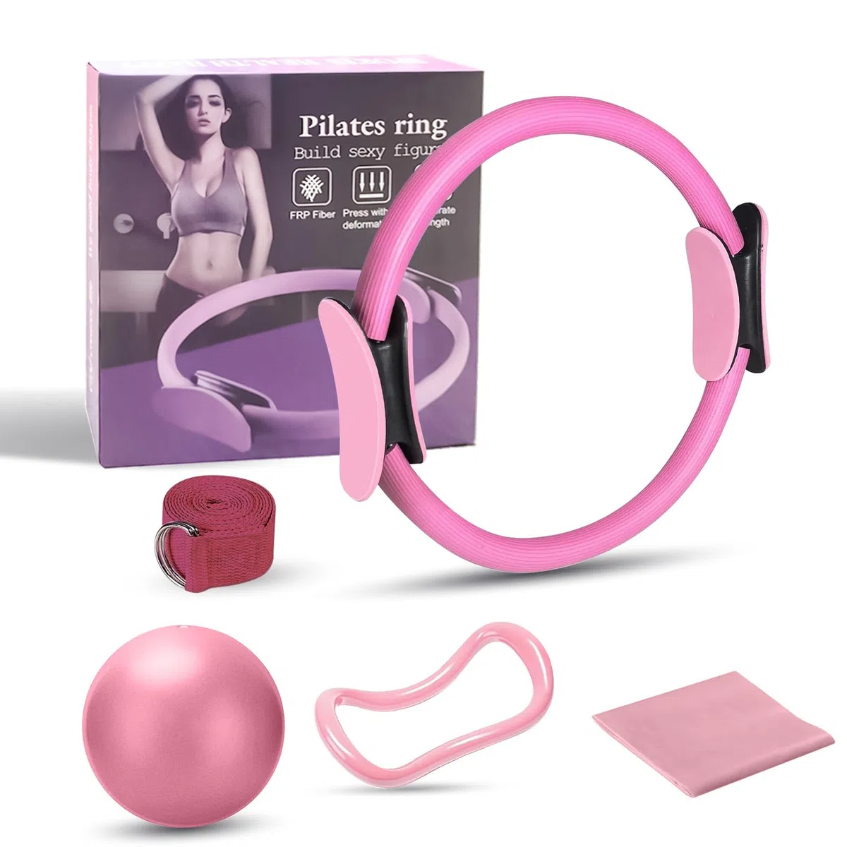 Cercle Pilates 38 cm, Kit Pilates Maison, Accessoires Anneau Yoga, Bande 1.5m, Ballon 25cm Bande d'Etirement, pour Force, Flexibilité, Stabilité, Débutants à Experts