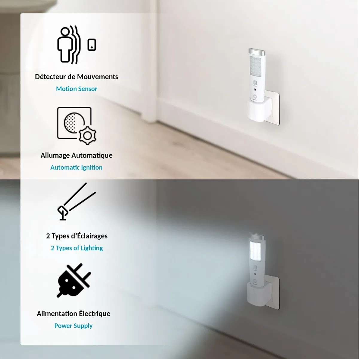 Fishtec Lampe Torche et Veilleuse à Détection Automatique - Éclairage 15 et 5 LED avec Charge par Induction - Sécurité Idéale pour Maison et Escaliers - Batterie Rechargeable 15 cm