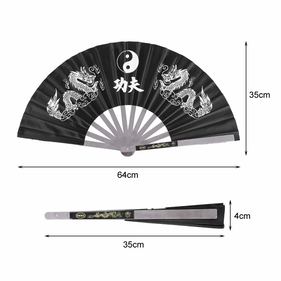 Éventail de Tai Chi, Éventail de Kung Fu Chinois, Éventail de Performance de Pratique de Danse, Kung Fu en Acier Inoxydable, Éventail Pliant de Poche en Nylon(Noir)