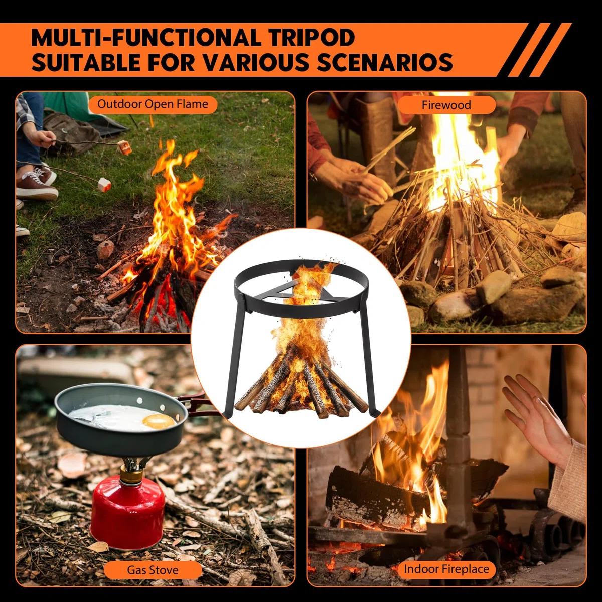 Trépied pour feu de camp, grille de barbecue pliable pour brasero de camping, trépied résistant aux hautes températures, avec sac de rangement