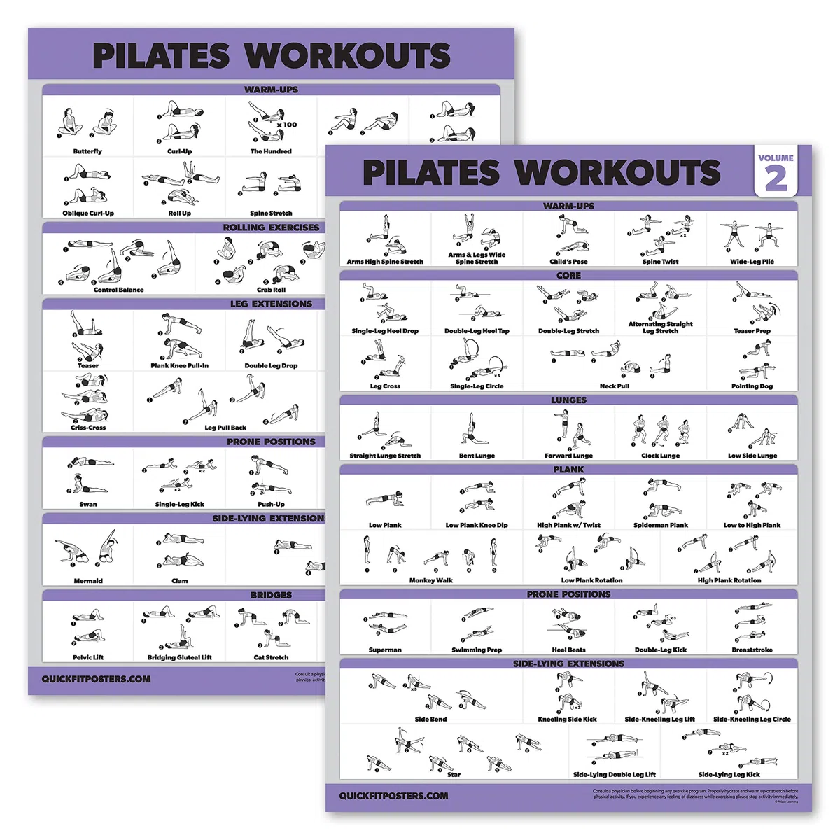 Palace Learning 2 Pack - Affiches d'entraînement Pilates Volume 1 & 2 - Exercices de mat Pilates - Ensemble de tableaux de fitness (45,7 cm x 61 cm, LAMINÉ)