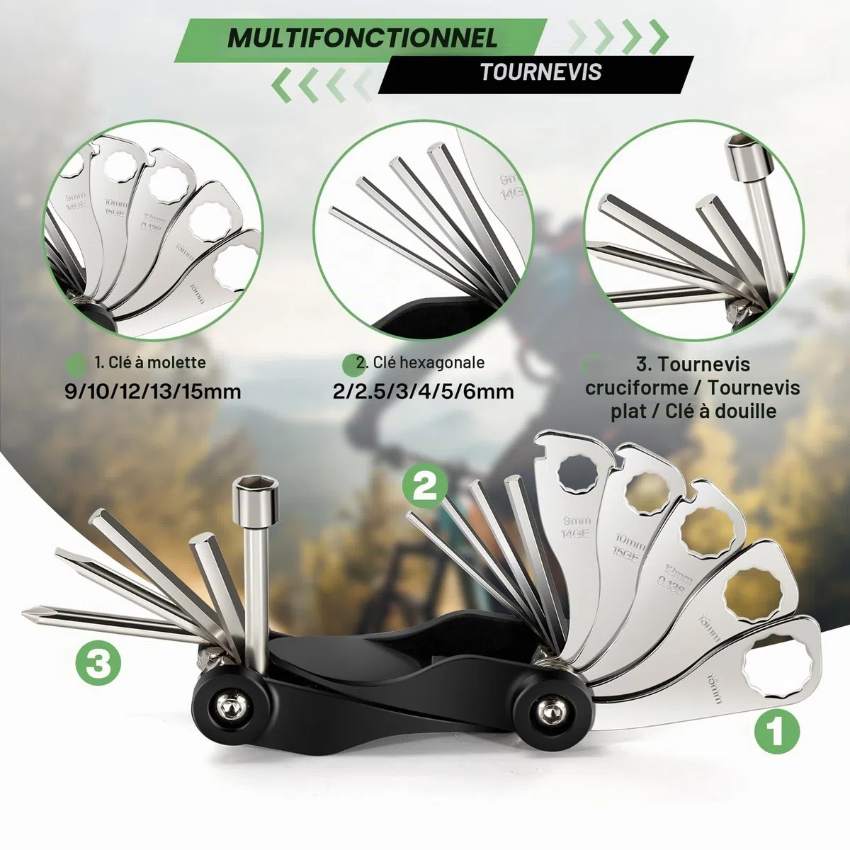 Kit de réparation de Pneu de vélo avec Outil 14 en 1, Mini Pompe à vélo, Coupe-chaîne, kit de Fixation Pratique pour vélos de Route et VTT