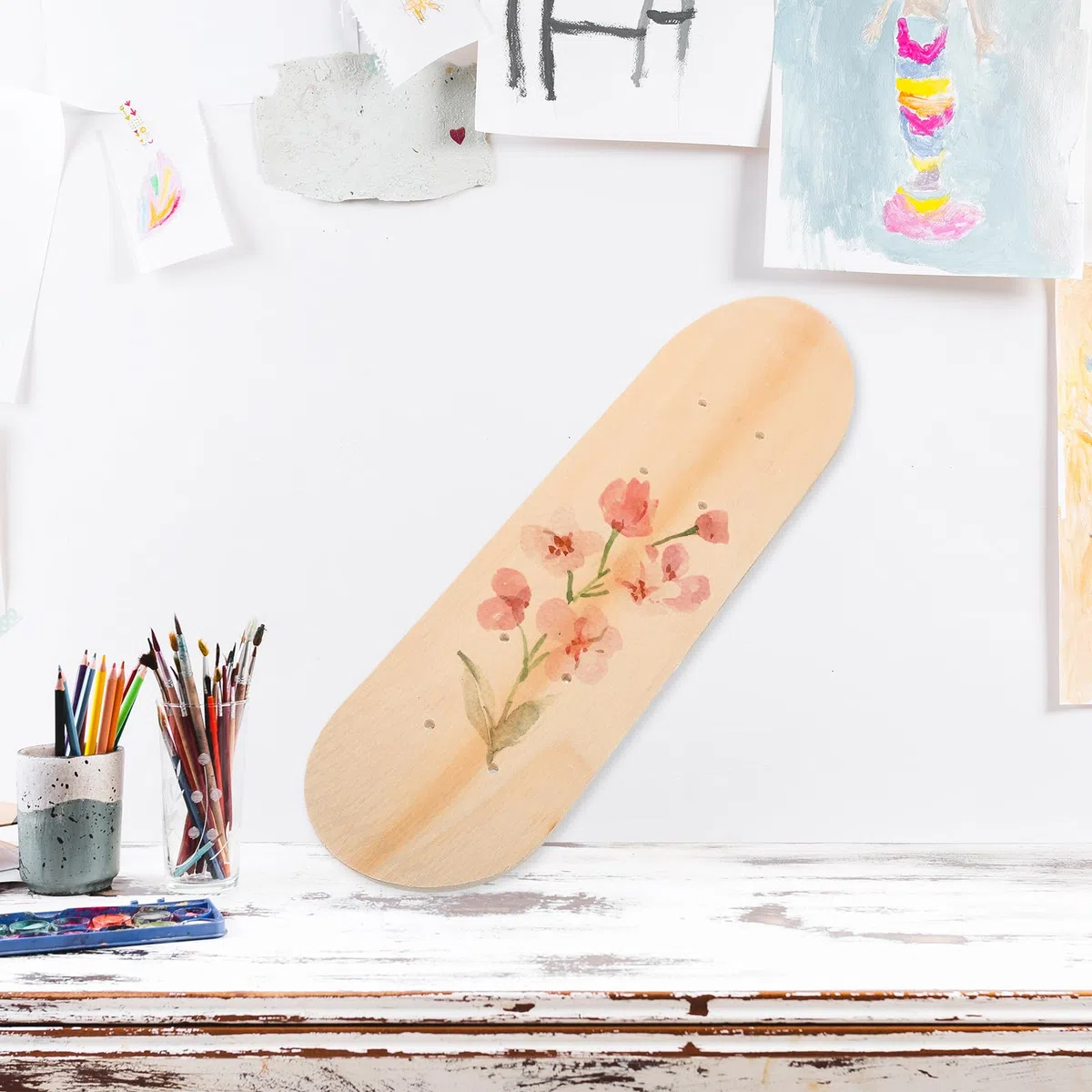 Vaguelly Planche De Skateboard Vierge À Faire Soi-Même pour Enfants Planche De Skateboard Inachevée À Peindre Surface pour Graffiti Et Bricolage Trous Pré-Percés Remplacement De