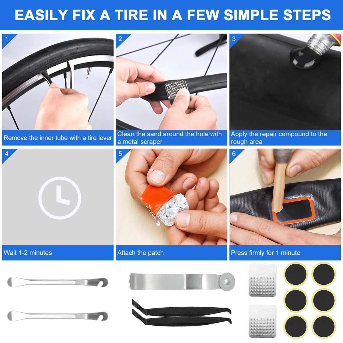 Kit de réparation de vélo Oziral multifonction 16-en-1 Kit Crevaison Velo accessoires VTT avec un couvercle étanche mini pompe 12 rustines pour pneus avec adhésif, rangement pratique pour accessoires