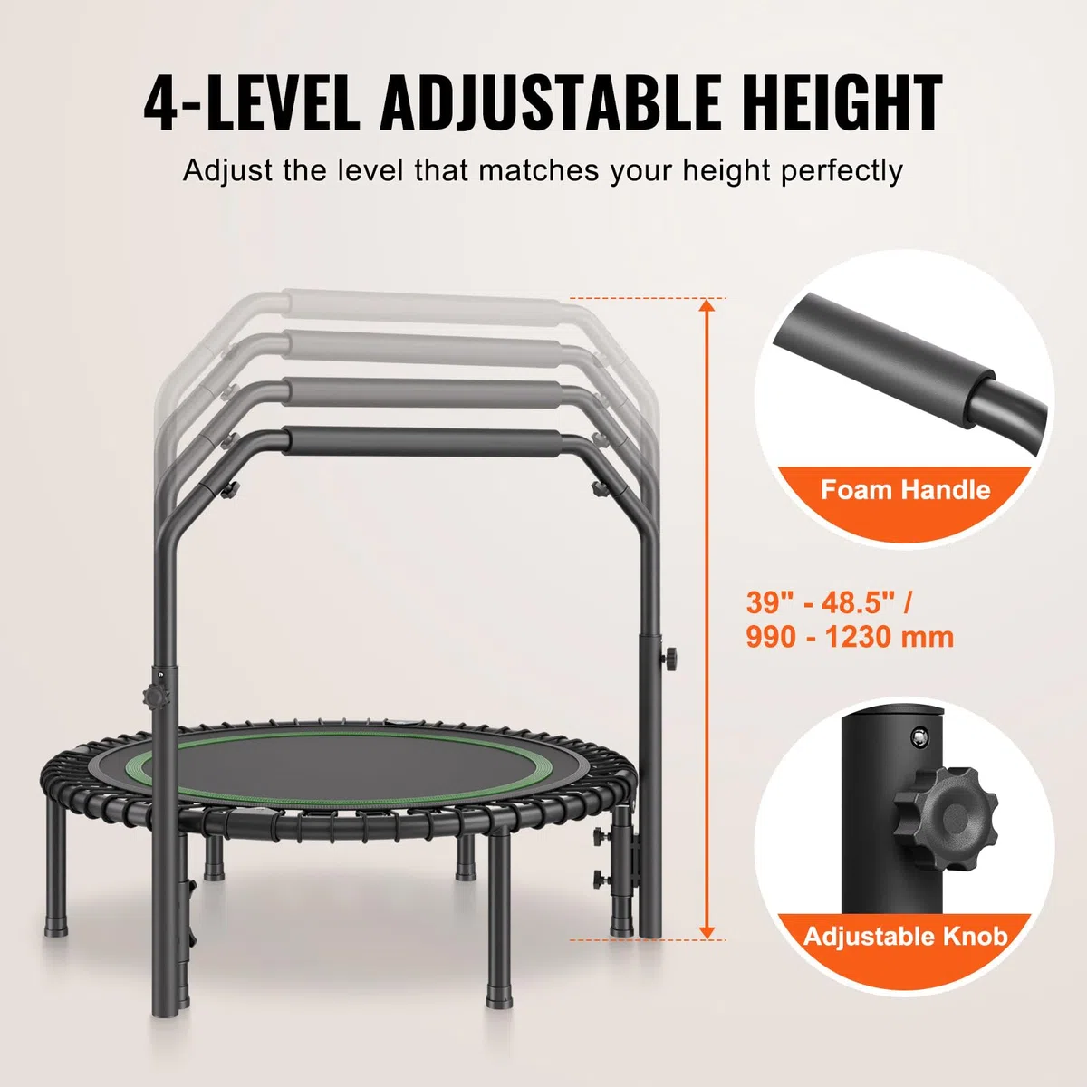 VEVOR Mini Trampoline Pliable, 1027 mm, Fitness rebounder, Charge Max. 150 kg, Stable et Silencieux avec poignée en Mousse réglable en Hauteur à 4 Niveaux, pour entraînement intérieur/Jardin Adultes
