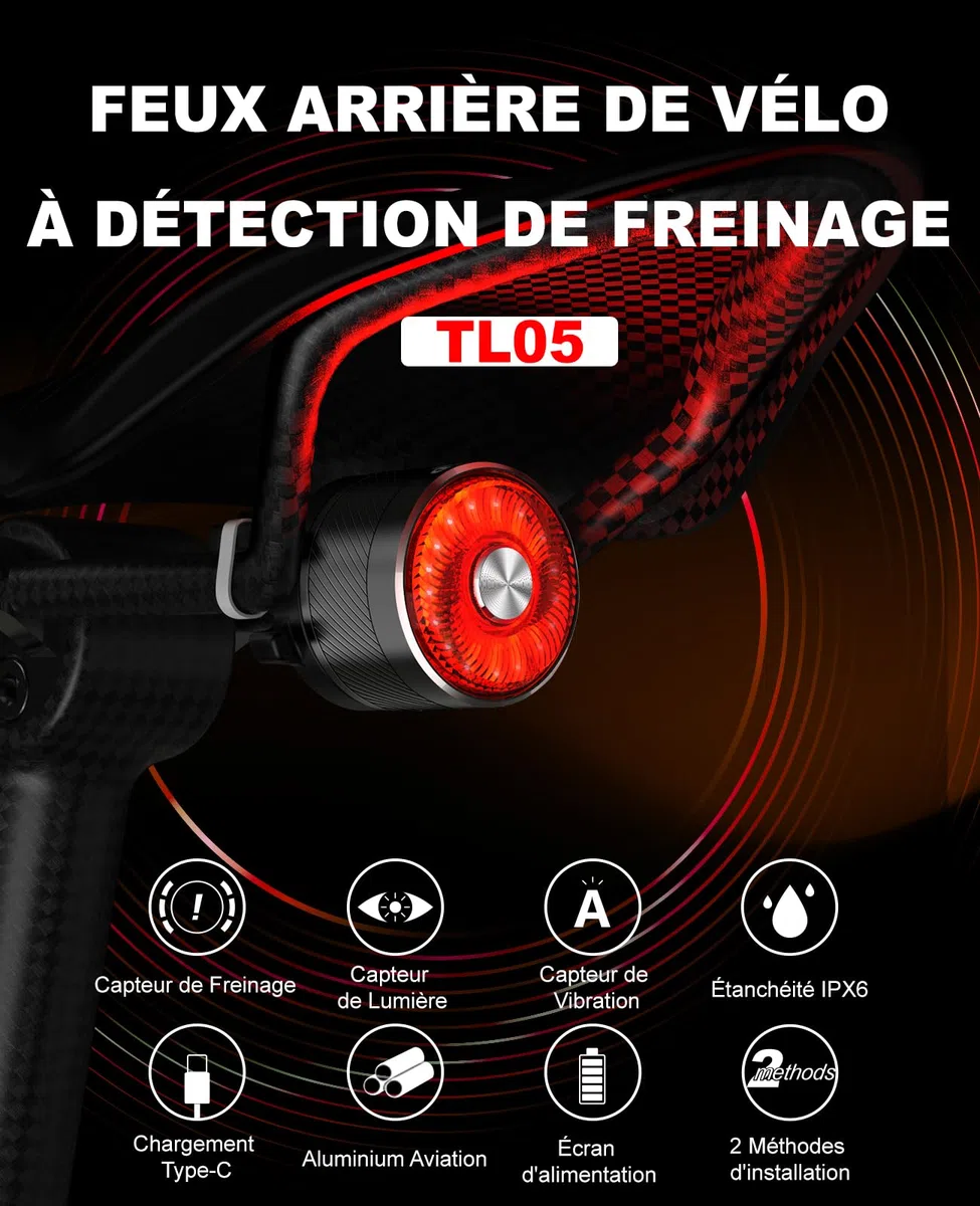 TOWILD TL05 Feu Arriere Velo,Lampe Arriere Velo avec Détection de Freinage,Lumière de Vélo Rechargeable USB-C, Éclairage Arrière étanches IPX6,5 Modes d'éclairage,Jusqu'à 40 Heures d'autonomie
