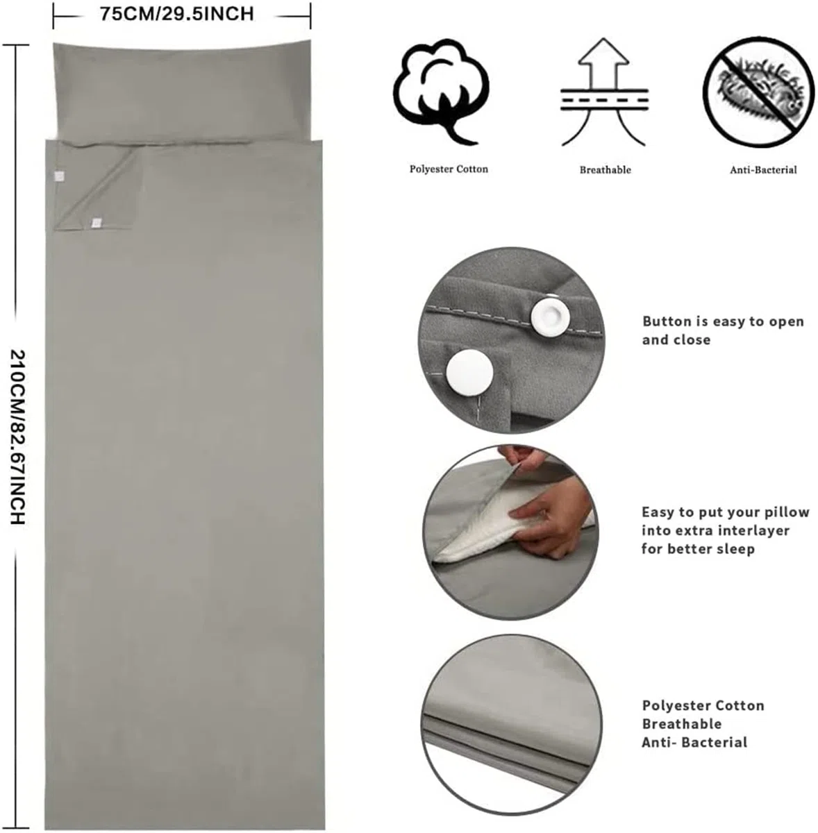 Drap de Sac de Couchage Coton avec Fermeture Éclair, Confort Léger Sac de Couchage et Couverture de Voyage, Sac de Couchage d'É té Doublure Drap Intérieur