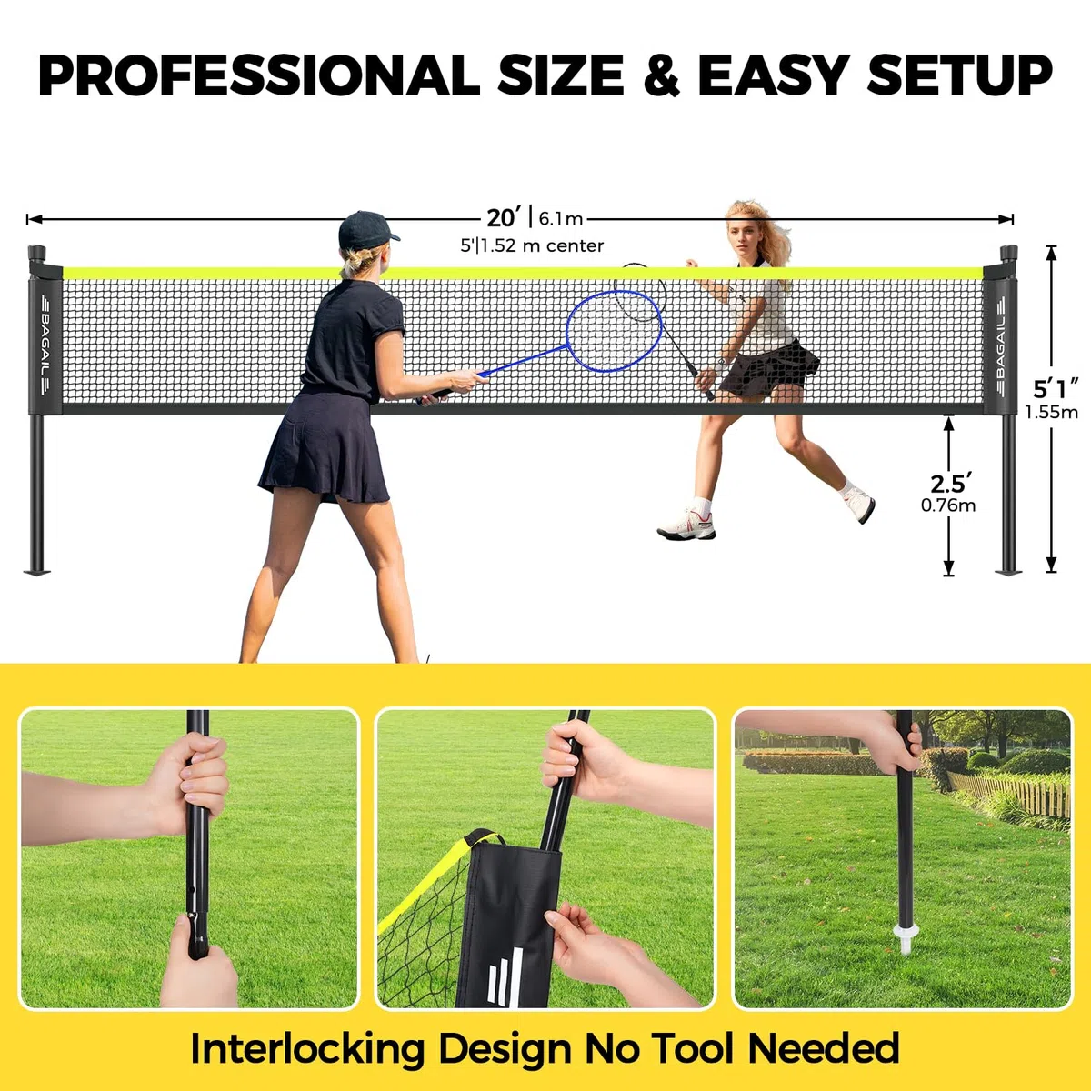 BAGAIL Filet de Badminton pour l'extérieur -Taille Officielle 20ft x 5ft, 4 Raquettes, 3 Balles de Badminton, Filet PE durable et Sac de Transport pour l'arrière-cour, la Plage et les Jeux en Famille.