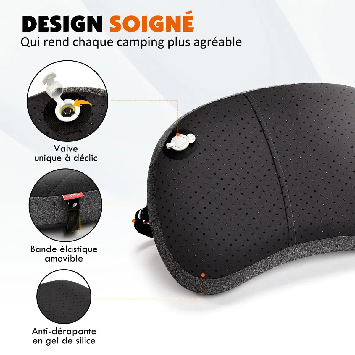 HIKENTURE Oreiller Gonflable Camping avec Taie Amovible – Coussin Gonflable Léger, Compact et Confortable - Coussin de Voyage Gonflable pour Camping, Trekking, Plage, Avion et Bivouac - Noir