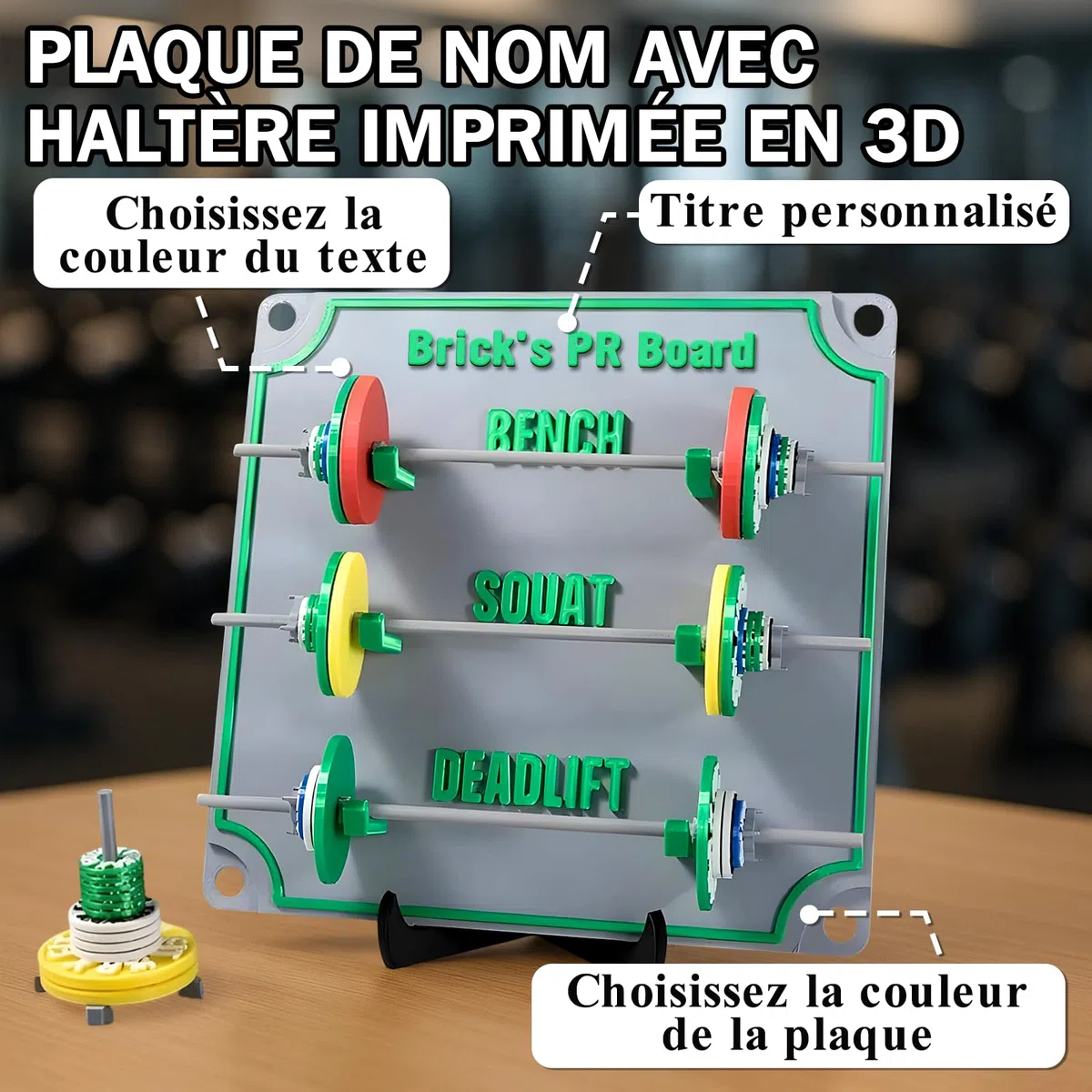 Tableau PR pour la Musculation avec Mini Haltere et Poids, Tableau de Suivi Personnalisé pour Enregistrer les Records Personnels, Cadeau pour Haltérophiles Passionnés de Fitness